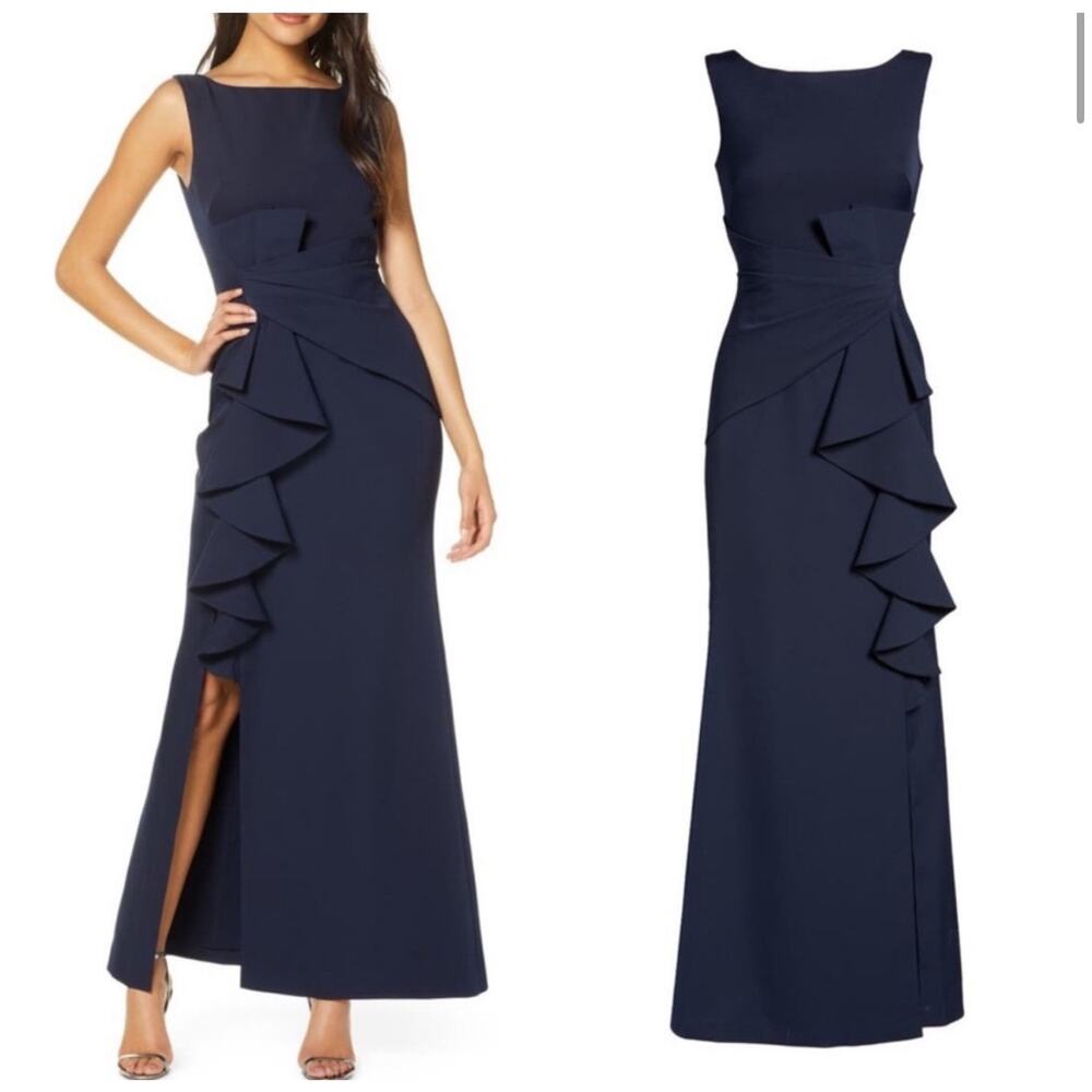 Eliza J Ruffle Front Formal Dress Pleating Waist Sleeveless Blue Size 8 NWT - Picture 2 of 12